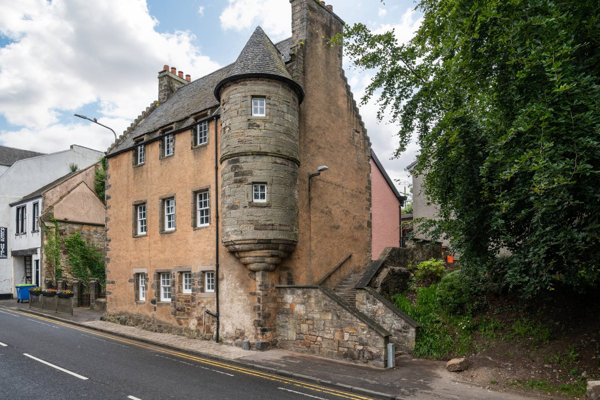 Fordell’s Lodging exterior, a Grade A listed building with a stone stair tower