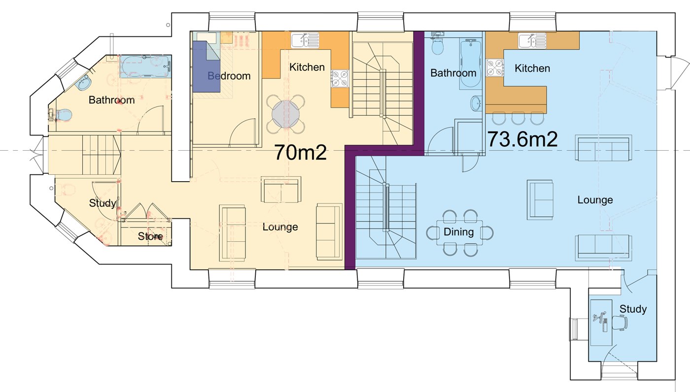 Proposed ground floor plan showing two homes side by side